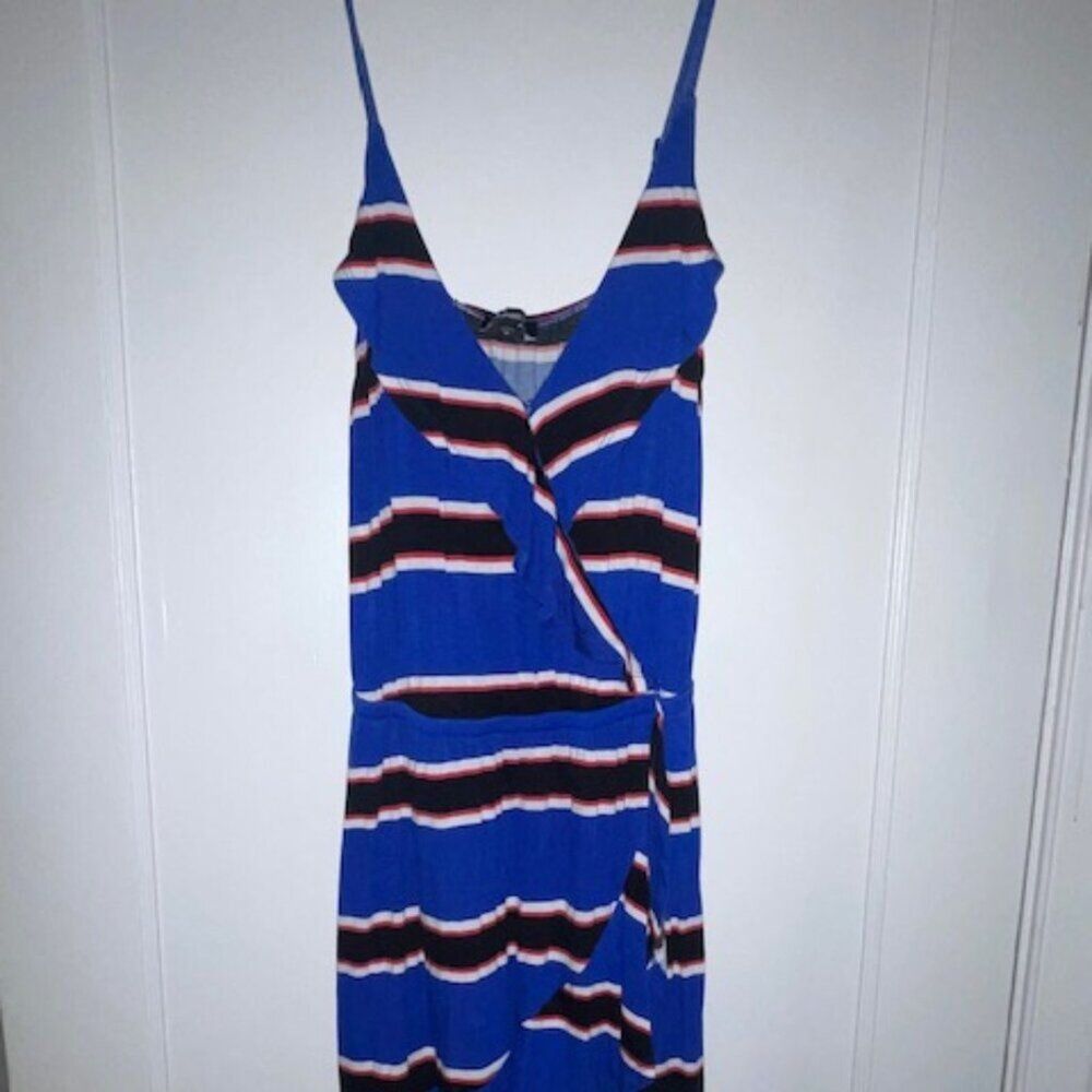 Express Blue Striped Wrap Dress Size Small Ruffle Hem Summer Nautical
